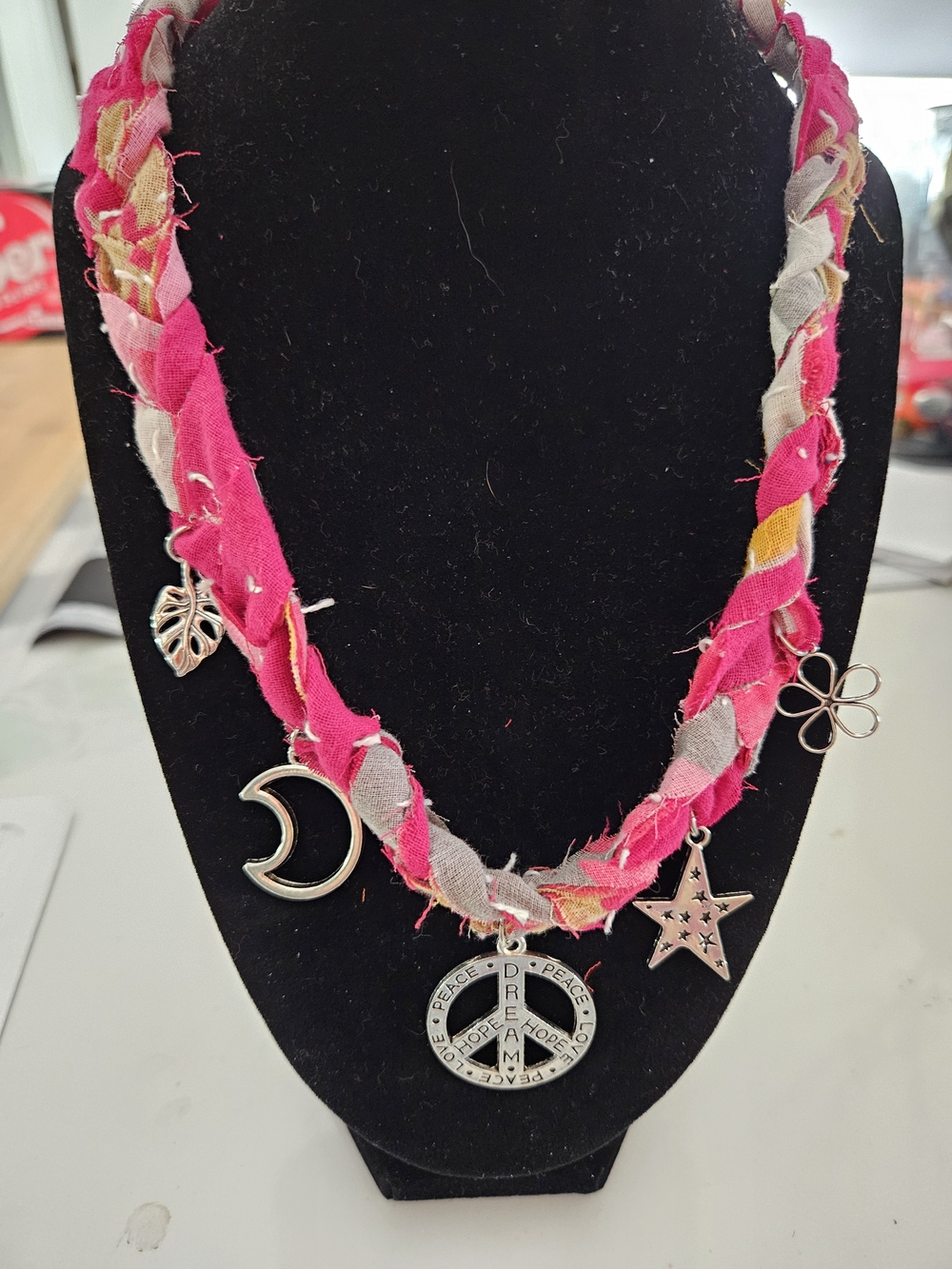 Handmade Red Braided Kantha Charm Necklace with Silver Accents